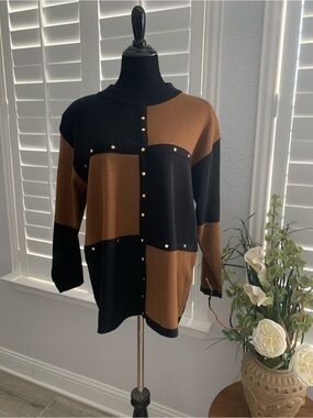 Adolfo Vintage Black and Brown Colorblock Studded Knit Sweater